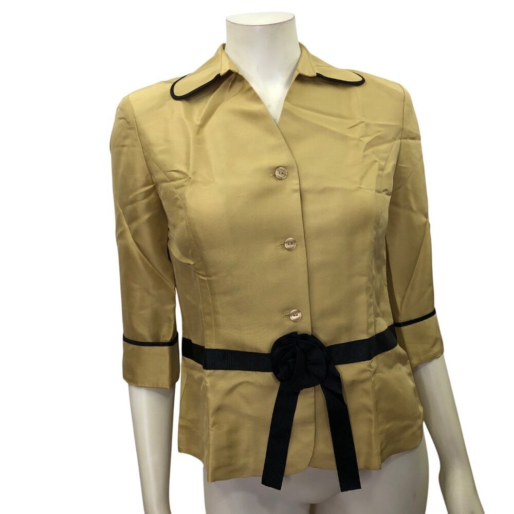 Della Moda Vintage Womens Button-Up With Black Trim &‎ Bow Accent Gold Size 4